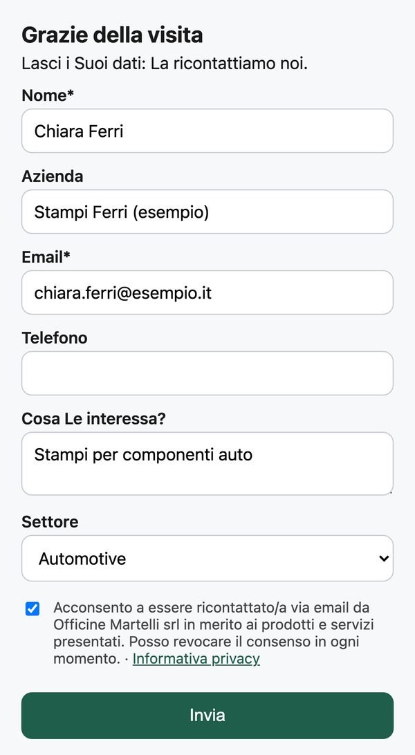 Il modulo del QR Code sul telefono, compilato con dati di esempio e con il consenso spuntato